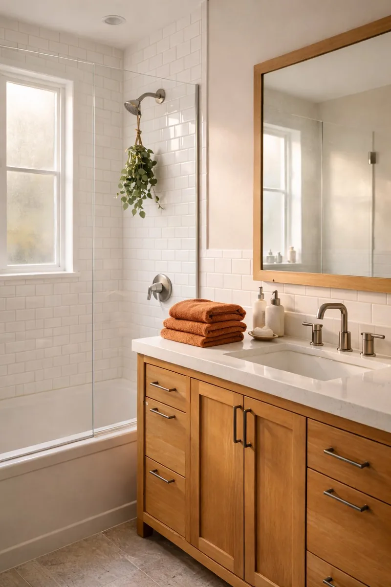 Clean bathroom with terracotta towels in a Tacoma home