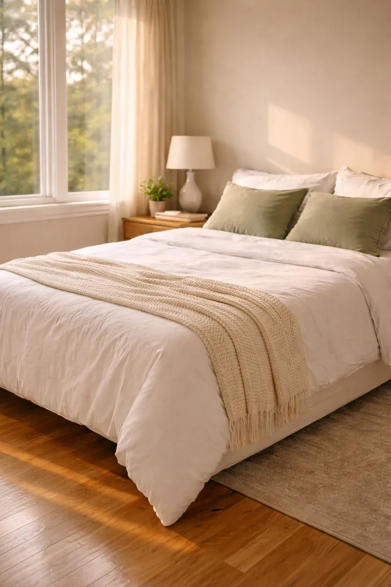 Tidy bedroom with sage pillows in a Tacoma home ready for move-in