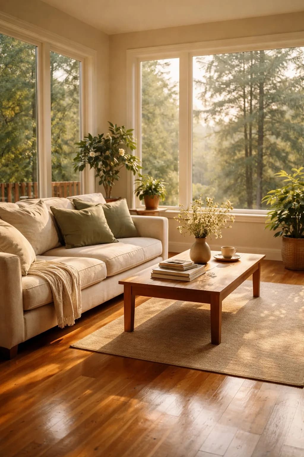 Golden-hour living room with natural light streaming through windows in a Tacoma home
