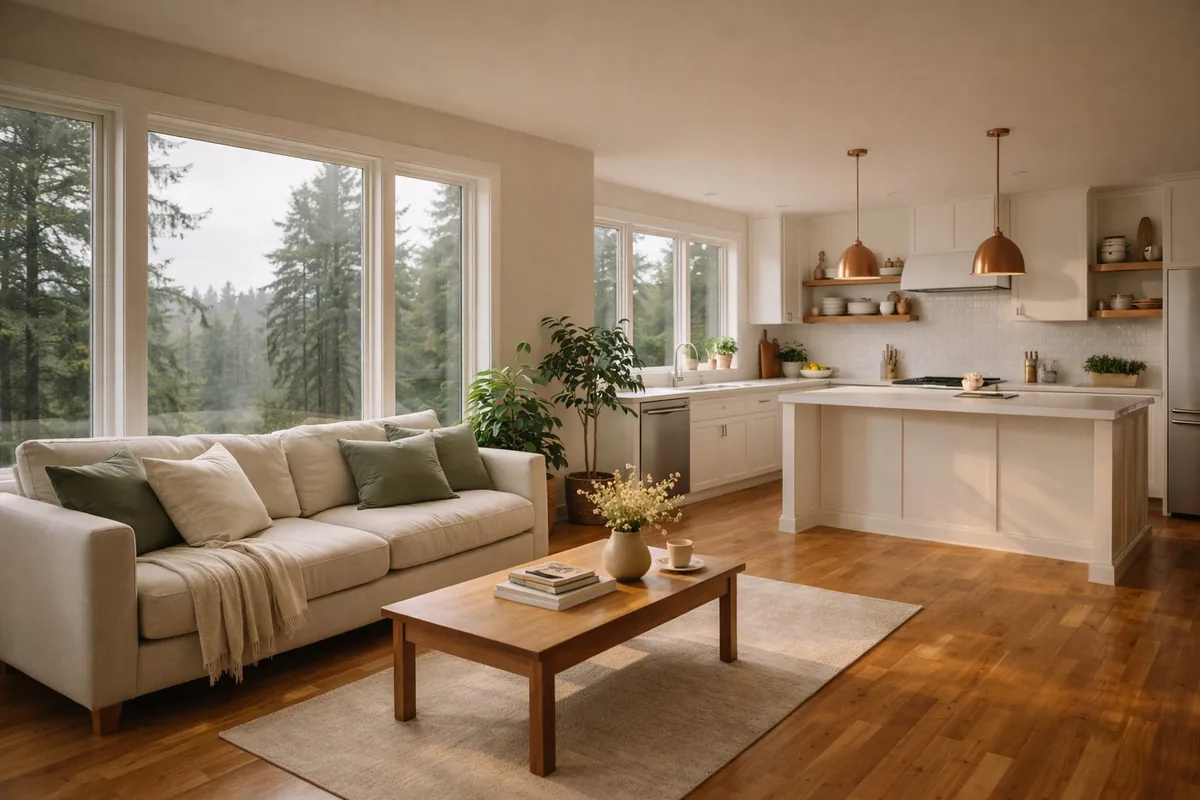 Open-concept living room and kitchen in a Tacoma home, freshly cleaned